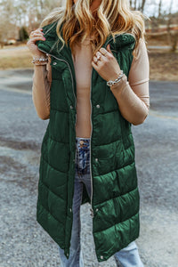 Long Hooded Sleeveless Puffer Vest