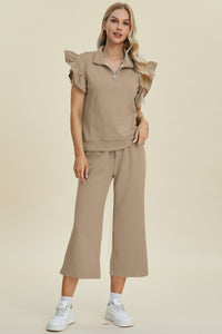 Texture Ruffle Short Sleeve Top and Wide Leg Pants Set