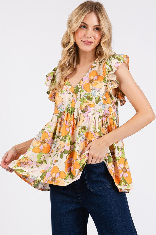 Floral V-Neck Ruffled Sleeve Blouse