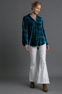 Ruched Velvet Button Up Shirt