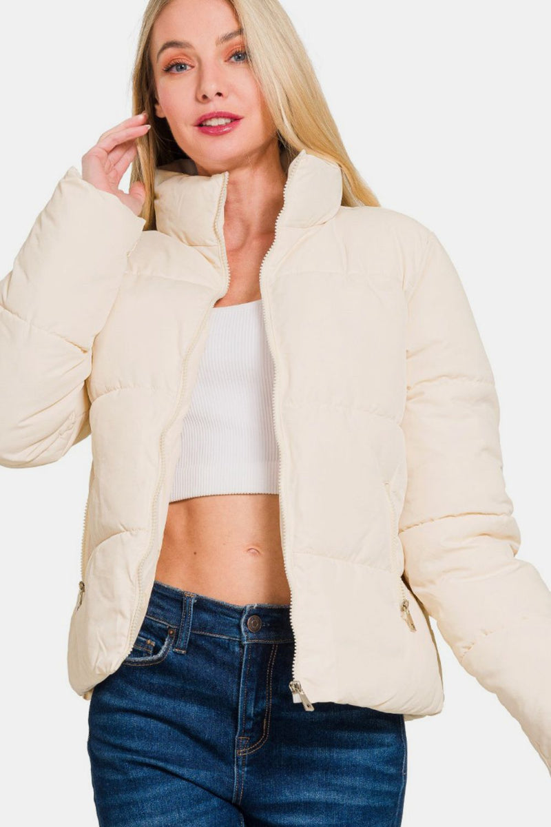 Ivory Puffer Jacket with Pockets