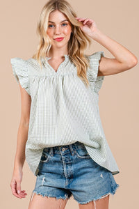 Green Gingham Ruffled Sleeve Top