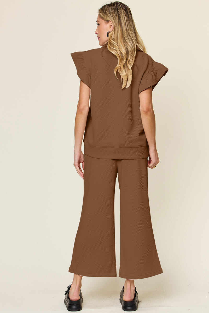 Texture Pant Set with Ruffle Sleeves