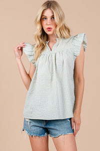 Green Gingham Ruffled Sleeve Top