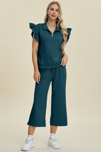 Texture Ruffle Short Sleeve Top and Wide Leg Pants Set