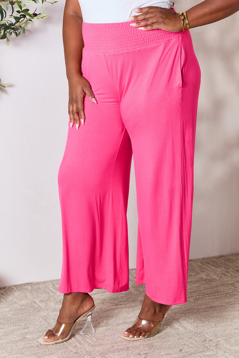 Smocked Waistband Wide Leg Pants with Pockets