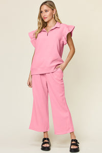 Texture Pant Set with Ruffle Sleeves