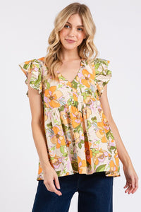 Floral V-Neck Ruffled Sleeve Blouse