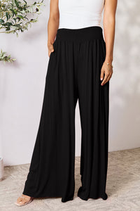 Smocked Waistband Wide Leg Pants with Pockets