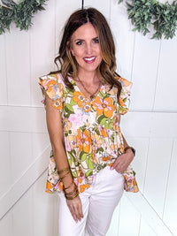 Floral V-Neck Ruffled Sleeve Blouse