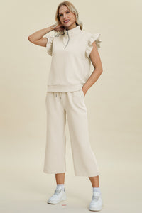 Texture Ruffle Short Sleeve Top and Wide Leg Pants Set