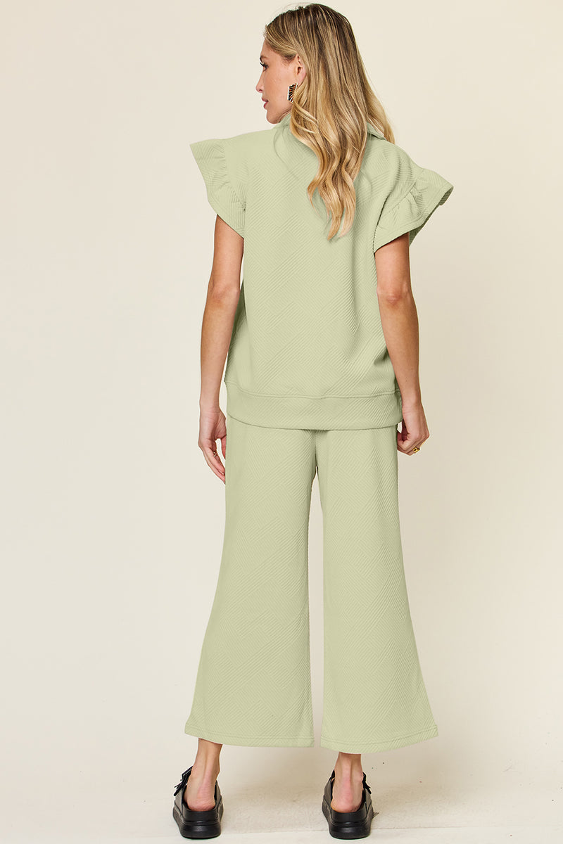 Texture Pant Set with Ruffle Sleeves