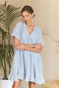 ADORA Ruffled Hem Striped V-Neck Babydoll Dress