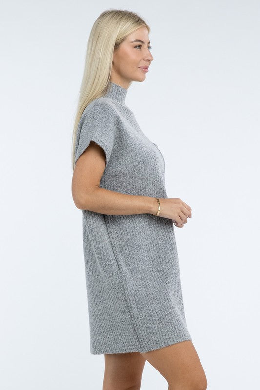 Mock Neck Short Sleeve Sweater Dress