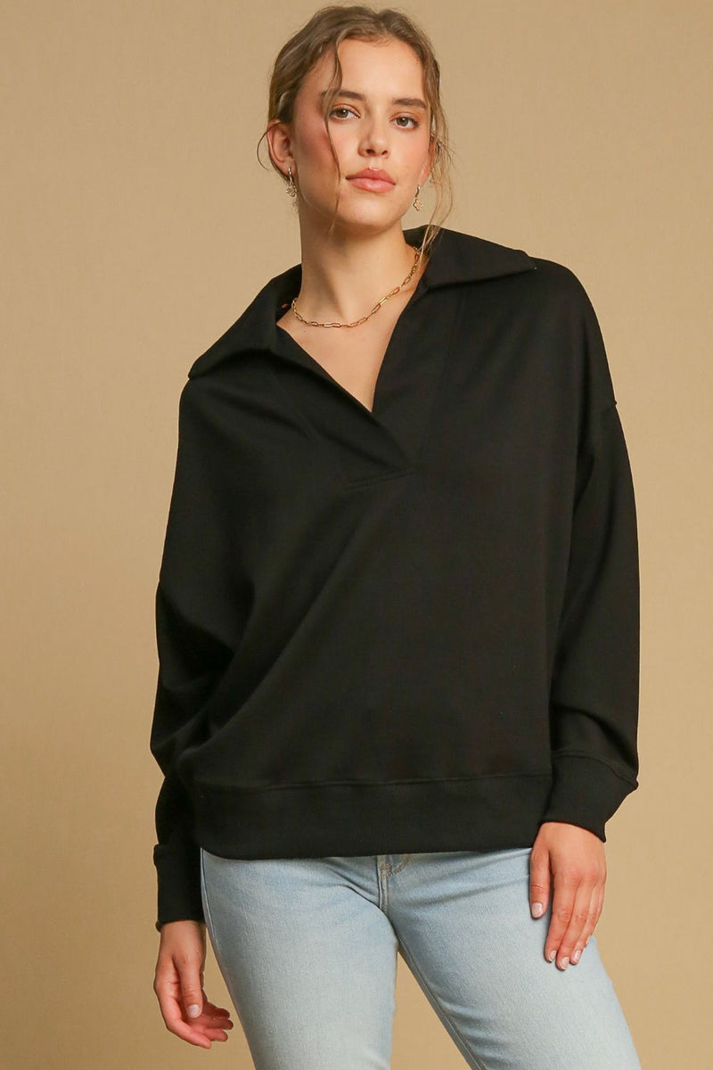 Umgee Johnny Collar Dropped Shoulder Sweatshirt in Black