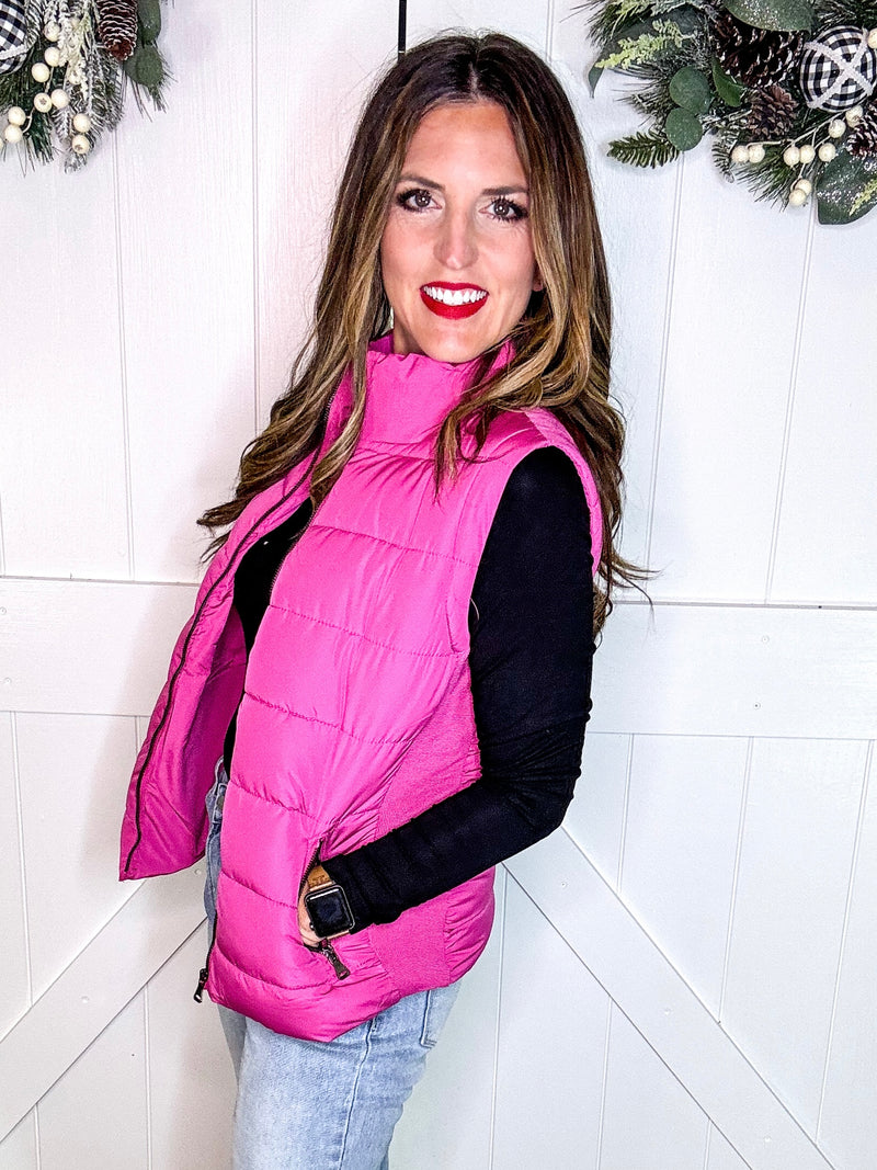 Zip Up Puffer Vest with Pockets in Pink