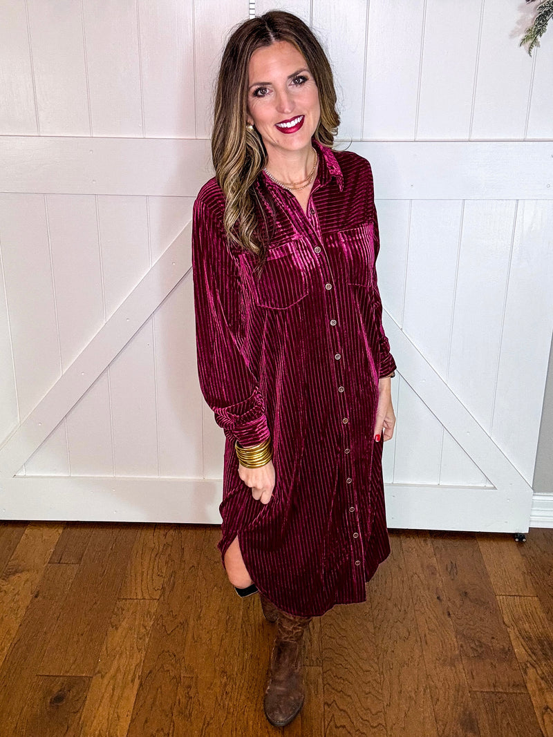 Textured Velvet Button Down Shirt Dress