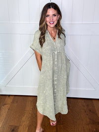 Mineral Wash Button Down Maxi Dress in Sage