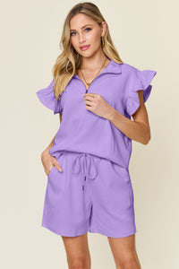 Texture Ruffle Sleeve Top and Shorts Set