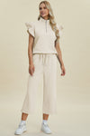 Texture Ruffle Short Sleeve Top and Wide Leg Pants Set