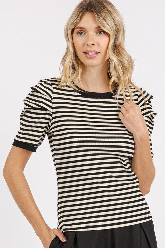 Striped Round Neck Puff Sleeve Top in Black