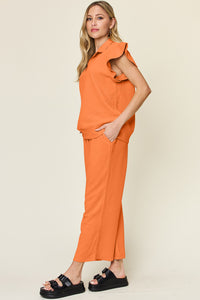 Texture Pant Set with Ruffle Sleeves