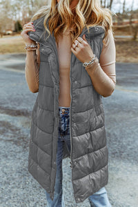 Long Hooded Sleeveless Puffer Vest