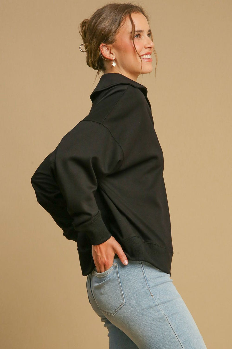 Umgee Johnny Collar Dropped Shoulder Sweatshirt in Black