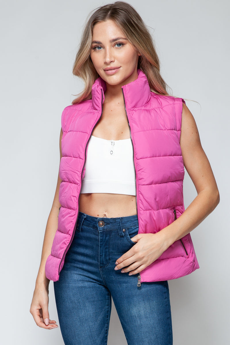 Zip Up Puffer Vest with Pockets in Pink