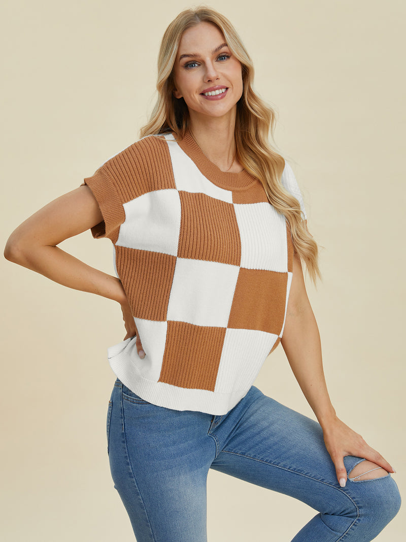 Checkered Short Sleeve Sweater