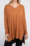 Dolman Long Sleeve V-Neck Side Slit Hi-Low Hem Top