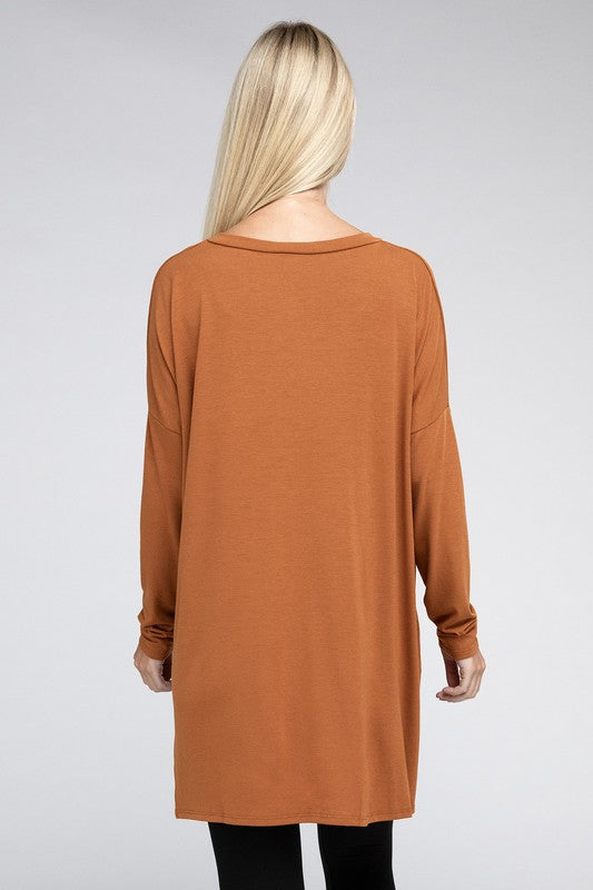 Dolman Long Sleeve V-Neck Side Slit Hi-Low Hem Top