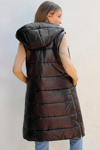 Long Hooded Sleeveless Puffer Vest