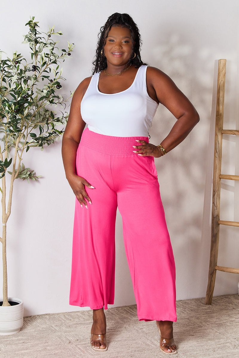 Smocked Waistband Wide Leg Pants with Pockets