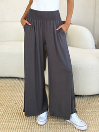 Smocked Waistband Wide Leg Pants with Pockets