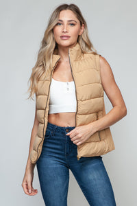 Zip Up Puffer Vest with Pockets in Tan