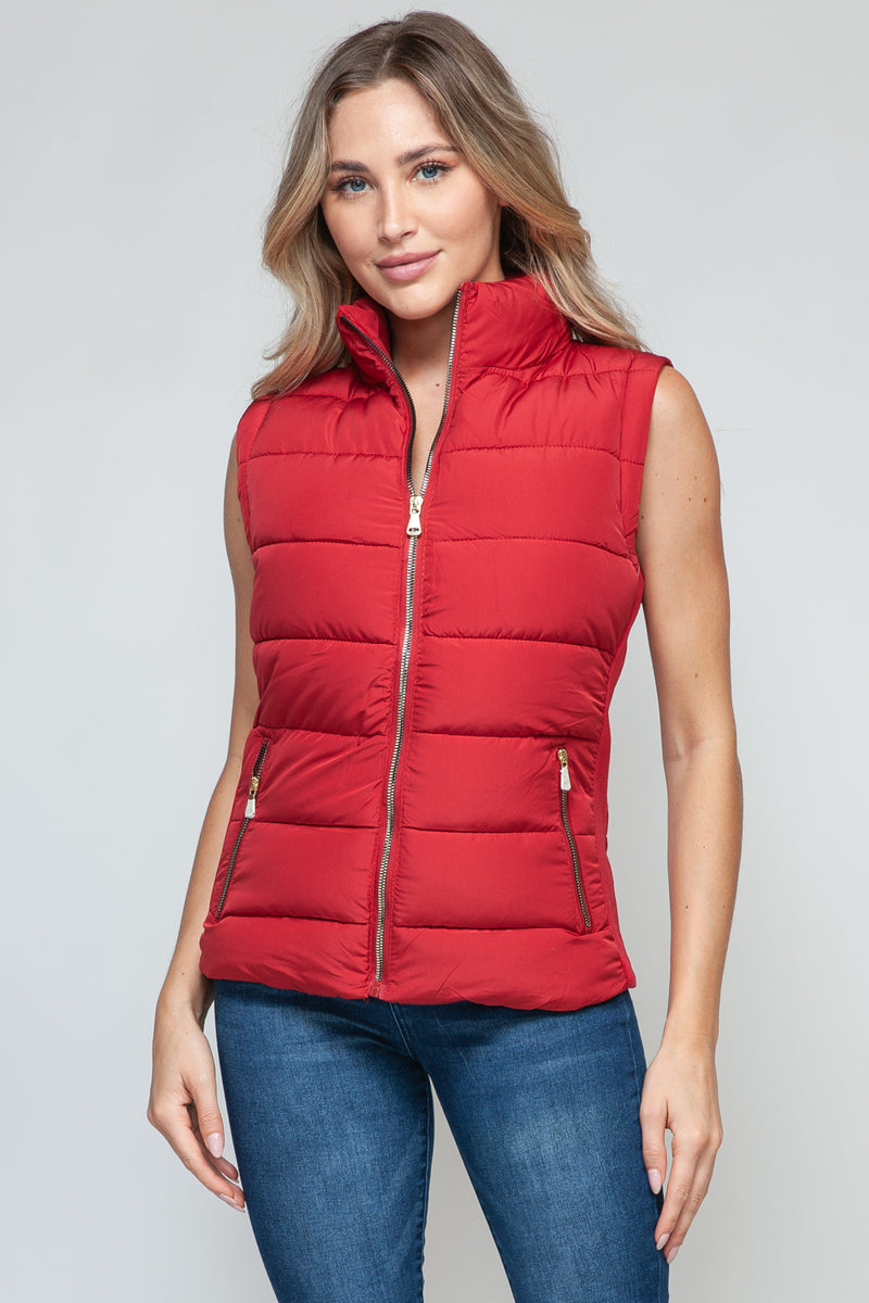 Zip Up Puffer Vest with Pockets in Red