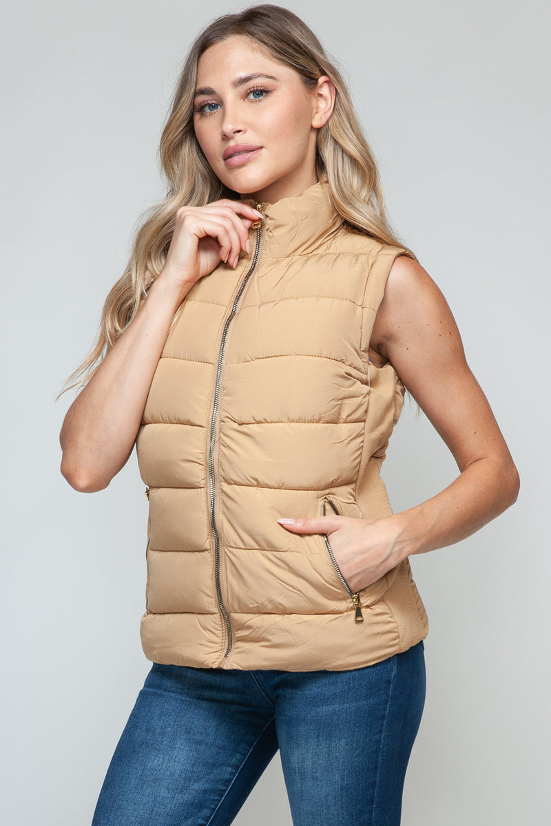 Zip Up Puffer Vest with Pockets in Tan