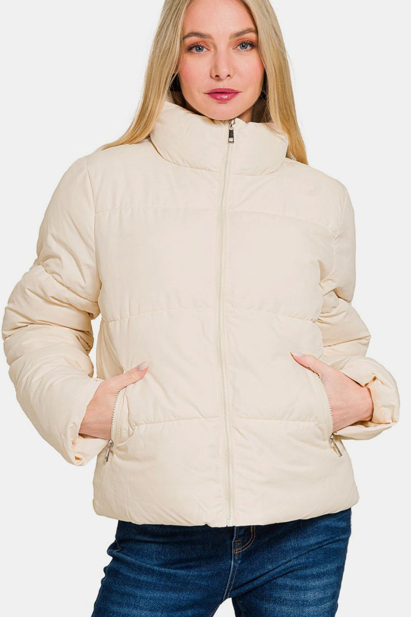 Ivory Puffer Jacket with Pockets