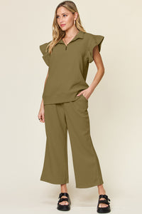 Texture Pant Set with Ruffle Sleeves