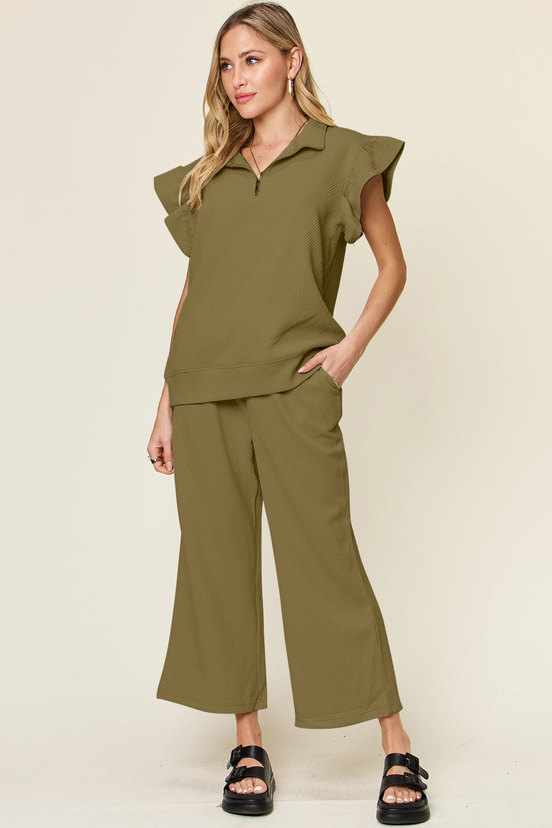 Texture Pant Set with Ruffle Sleeves