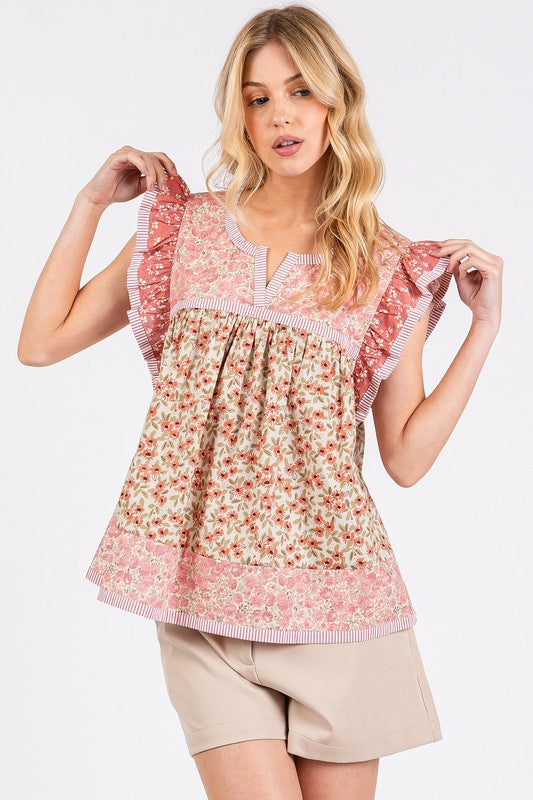 Boho Floral Ruffled Sleeve Top