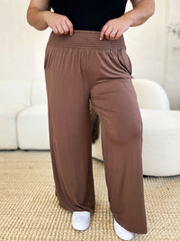 Smocked Waistband Wide Leg Pants with Pockets