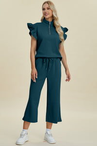 Texture Ruffle Short Sleeve Top and Wide Leg Pants Set