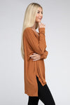 Dolman Long Sleeve V-Neck Side Slit Hi-Low Hem Top